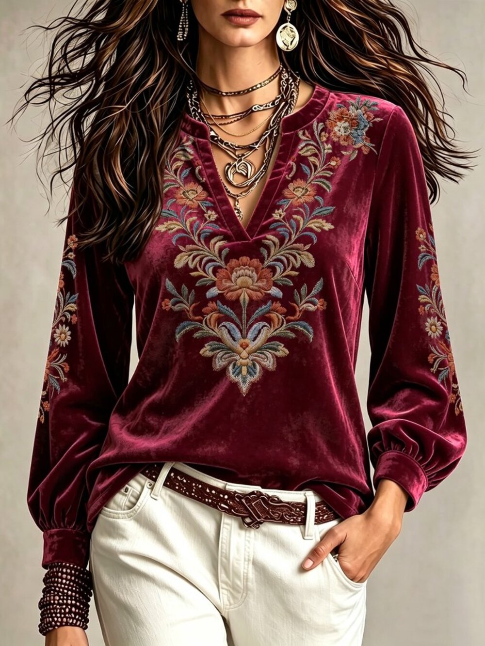 Multicolor Elegant Women's Floral Print Notch V-Neck Long Sleeve T-Shirt
